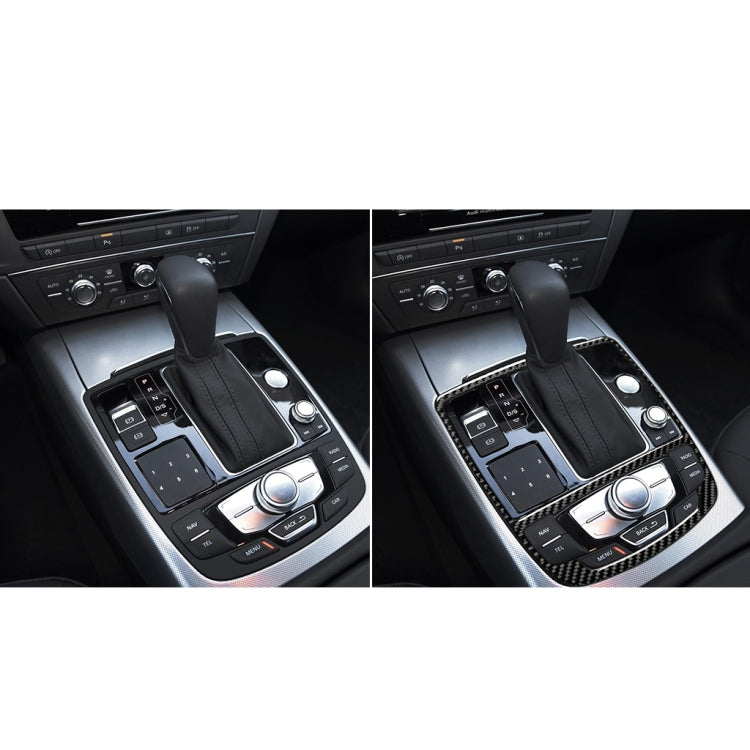 Installed carbon fiber gear shift panel surround on car center console