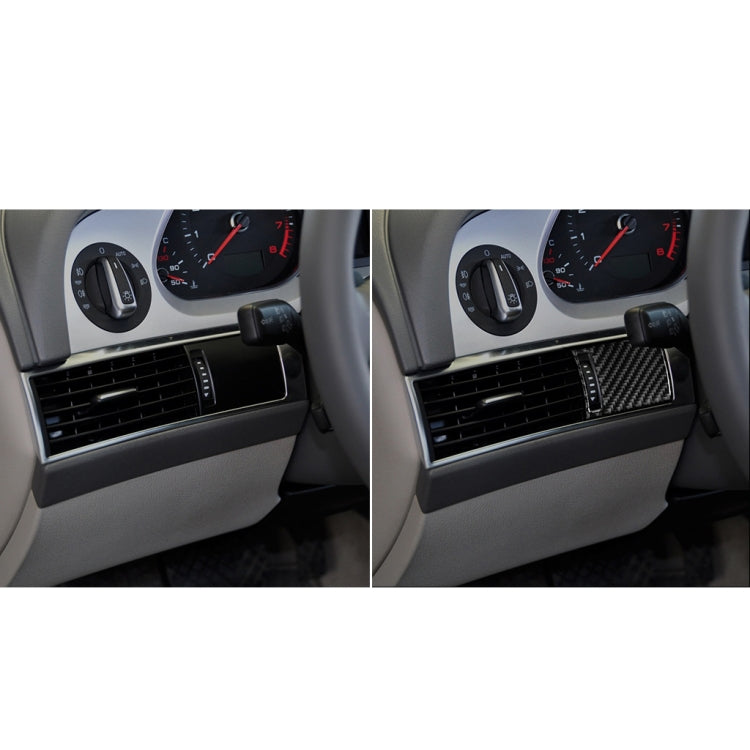 Before-and-after view of air outlet panel showing black carbon fiber sticker installed