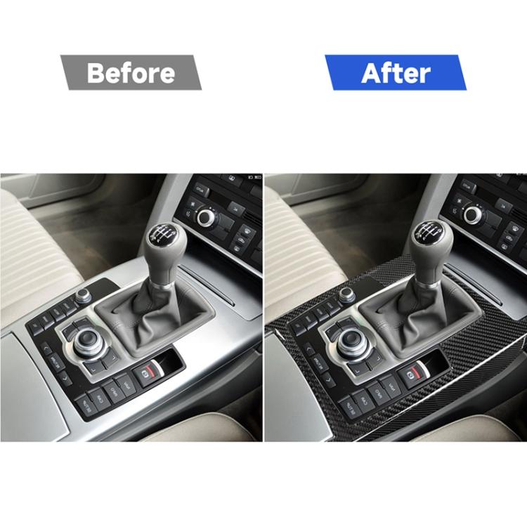 Carbon fiber gear shift surround trim installed on console for right-hand drive