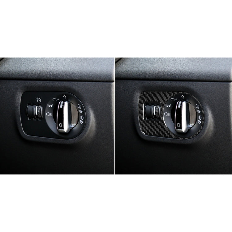 Carbon-fiber headlight switch sticker installed on right-drive switch, before and after