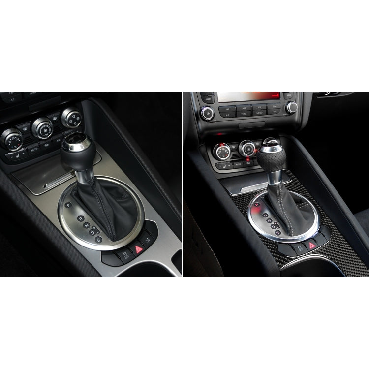 Installed carbon fiber gear shift panel sticker in car interior, around gear area