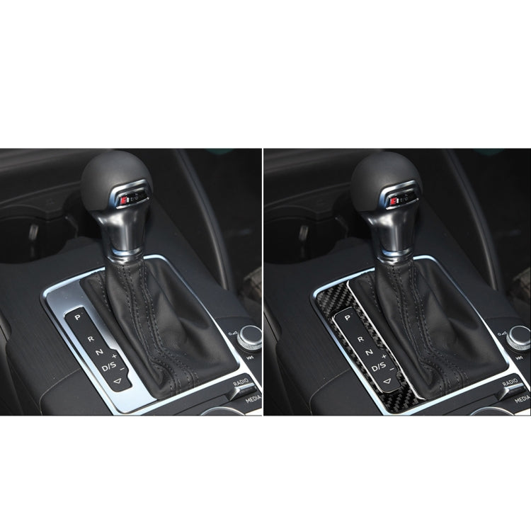 Carbon fiber gear shift frame sticker installed on gear selector trim, before/after comparison