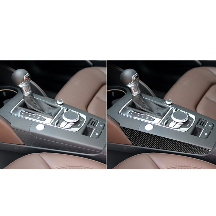 Center console before-and-after with carbon fiber gear shift side panel trim installed