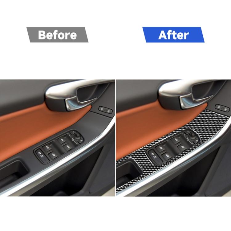 Before-and-after view of window lifting panel stickers on car door with carbon fiber trim
