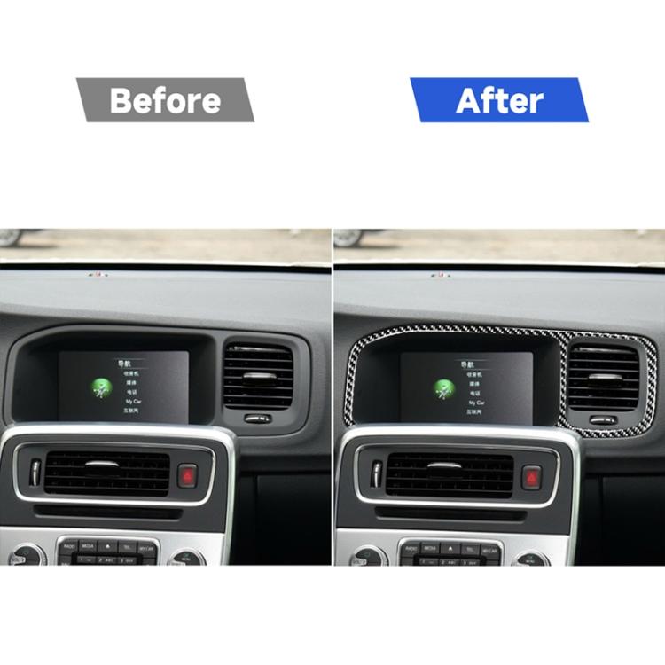 Car dashboard before-and-after view with carbon-fiber navigation frame trim installed