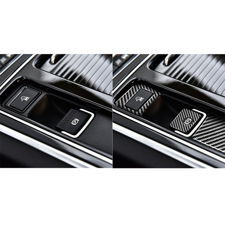 Before-and-after view of carbon fiber-look electronic handbrake stickers on console controls