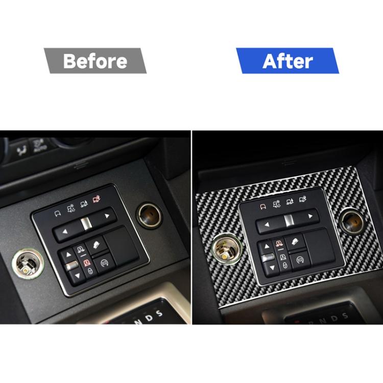Before-and-after view of carbon fiber-look cigarette lighter panel sticker over controls