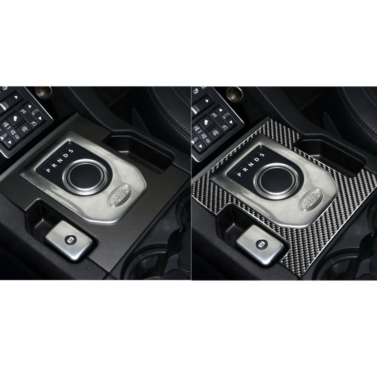 Carbon fiber gearshift panel sticker shown before and after installation, black-gray weave
