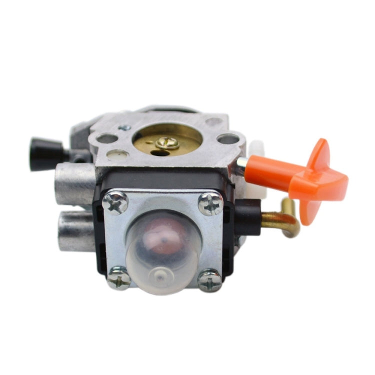 Carburetor with circular inlet, clear diaphragm cover, and orange primer bulb