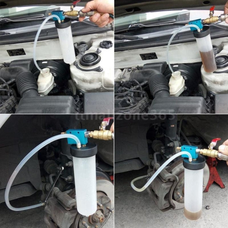 Brake fluid pump tool connected to car brake assembly with clear reservoir and hose