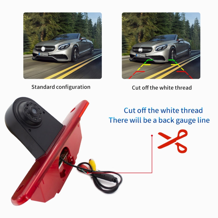 Rear brake light camera with red lamp housing, black lens, and attached cable