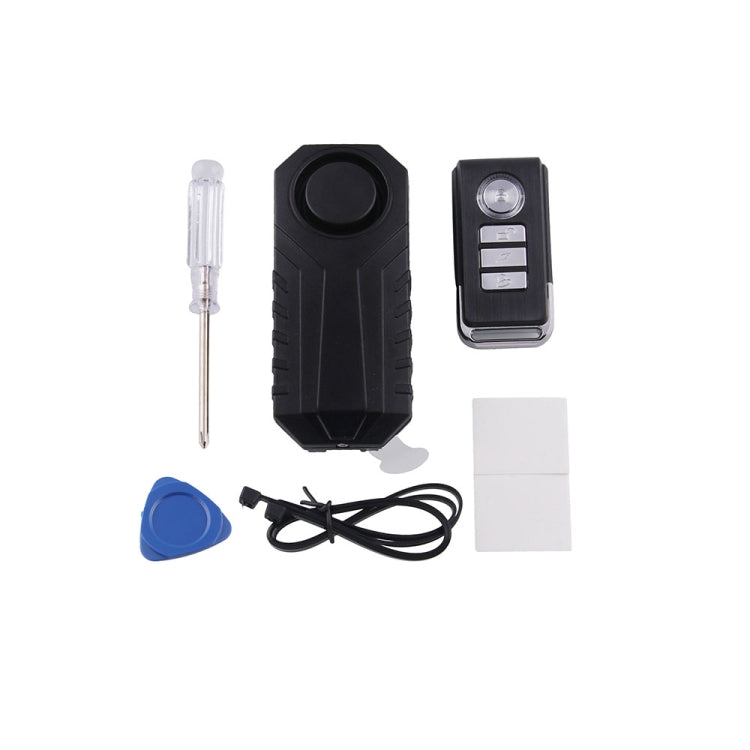 Wireless bike alarm sensor kit, black device with remote fob and wiring cable