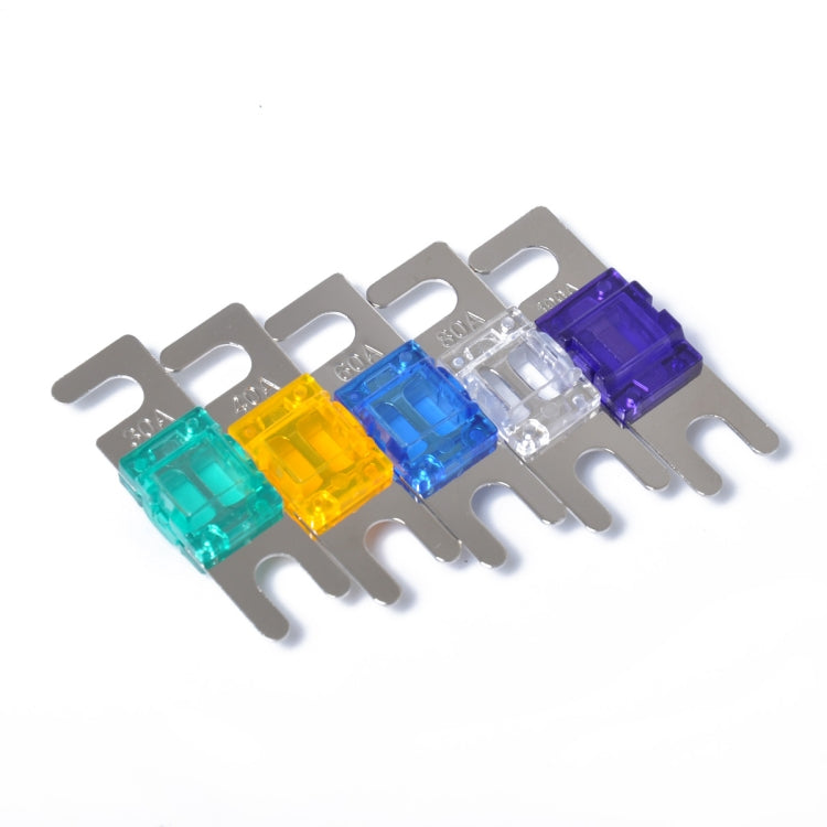 ANL mini car audio fuse set with five colored translucent fuses on metal mounting bar
