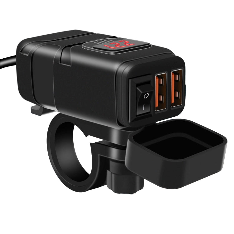 Black universal dual-USB car charger with red LED digital voltmeter and power switch