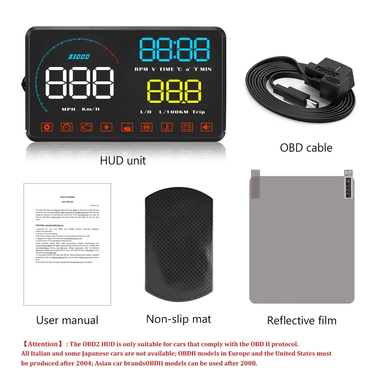 OBD2 HUD head-up display kit: HUD unit, OBD cable, non-slip mat, reflective film