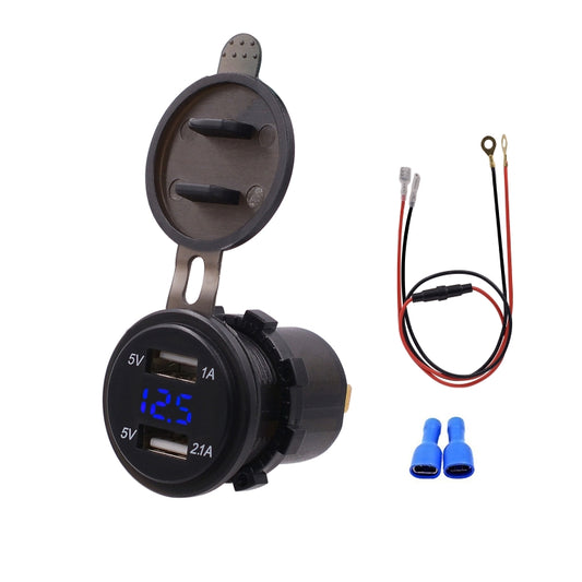 Universal Car Dual Port USB Charger Power Outlet Adapter 3.1A 5V IP66 with LED Digital Voltmeter + 60cm Cable, 3.1A Voltmeter + 60cm Cable(Blue Light), 3.1A Voltmeter + 60cm Cable(Green Light), 3.1A Voltmeter + 60cm Cable(Red Light)