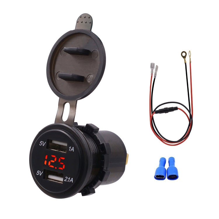 Dual-USB car voltage display charger with red LED voltmeter, charging ports and 60cm cable