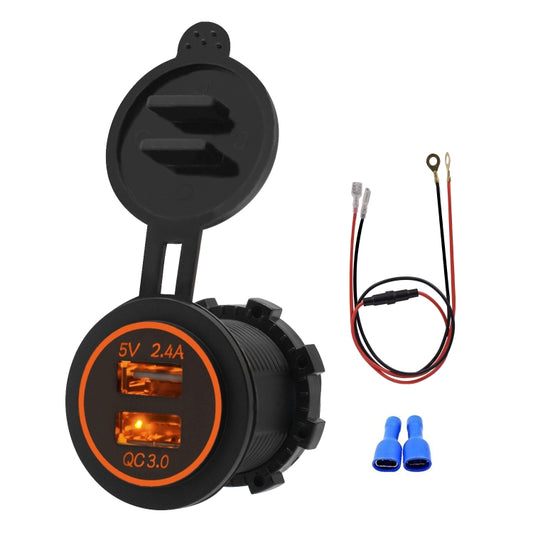 Universal car QC3.0 dual-port USB charger with orange LED, 60cm cable, waterproof housing