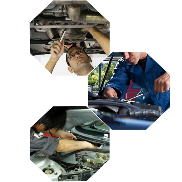 Mechanic using a telescoping inspection mirror under a car for chassis inspection