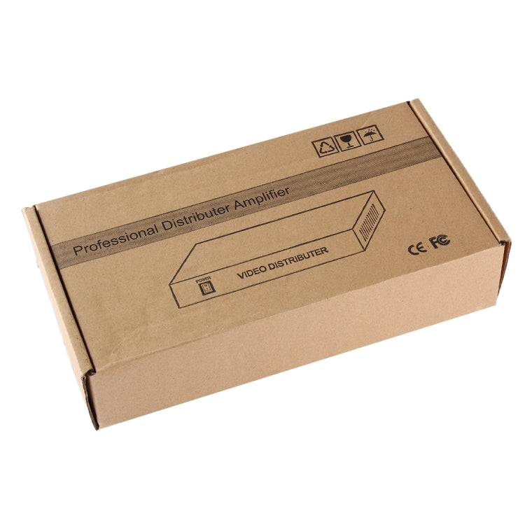 Professional video distributor amplifier shipping box, brown cardboard with icons