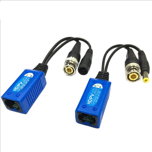 Passive power and video balun transceivers with blue housings and black cables, 2-pack