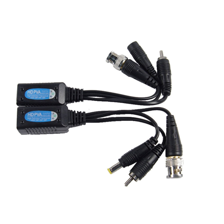 Passive 3-in-1 balun transceiver with black box and BNC/RCA pigtail cables