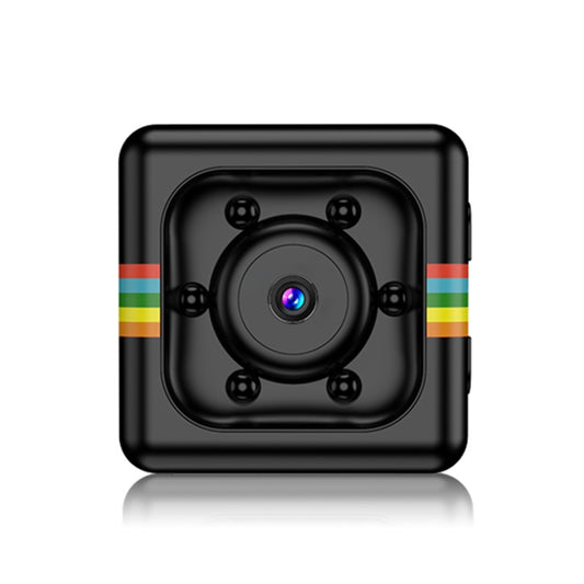 Black mini sport video camera with square lens module, front view