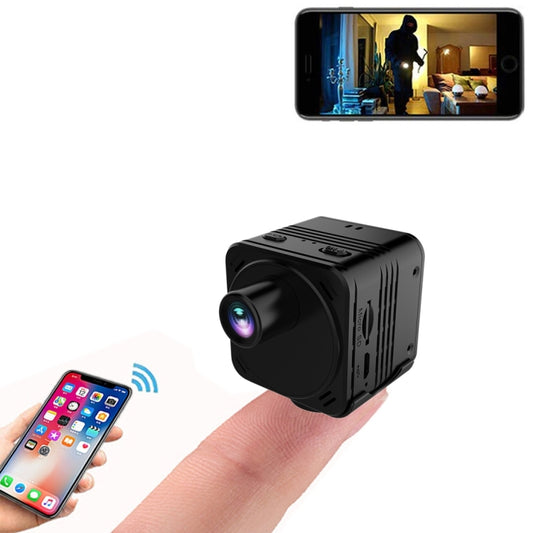 Black mini DV WiFi recorder camera with wide-angle lens, compact cube design