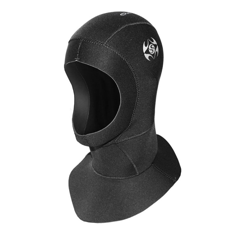 Black neoprene diving hood with open ear channel, curved seams, and side logo