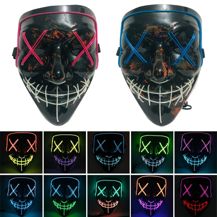 LED face mask with X eyes and glowing stitched mouth, multicolor options shown