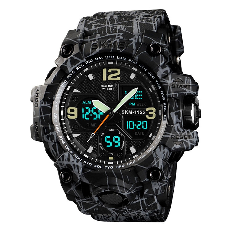 Men's multifunctional wrist watch with black patterned strap and black dial