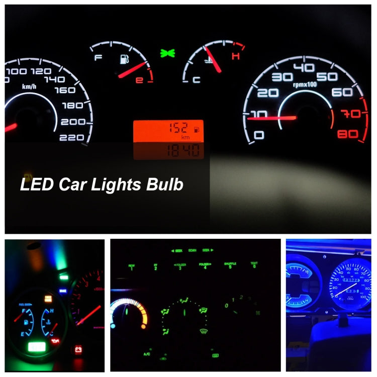 Car dashboard instrument cluster illuminated with blue LED indicator lighting glow