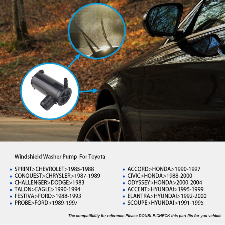Black windshield washer pump shown as an inset on a parked car