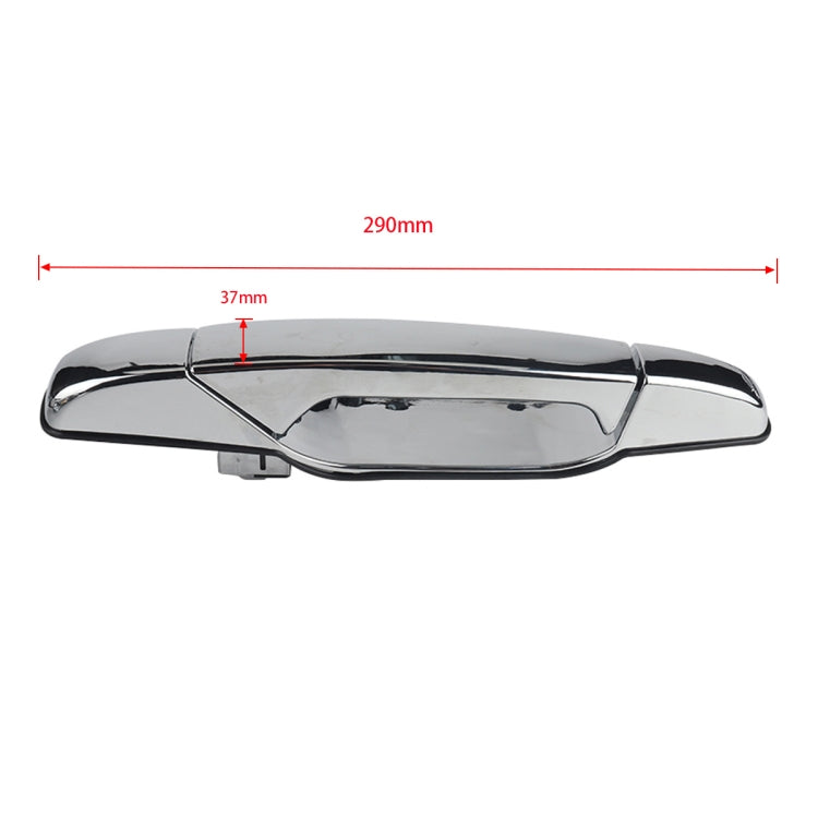 Chrome exterior door handle with dimensions, black base and center latch window