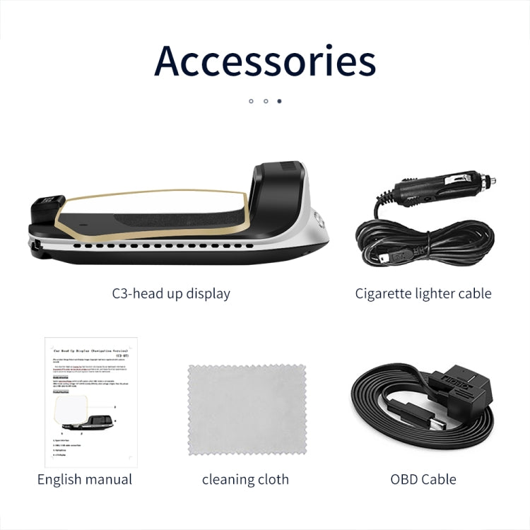 Car head-up display HUD kit with OBD cable, cigarette lighter cable, manual, and cleaning cloth