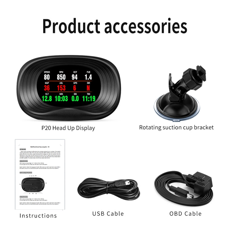 HUD unit accessory set with rotating suction bracket, instruction sheet, USB and OBD cables