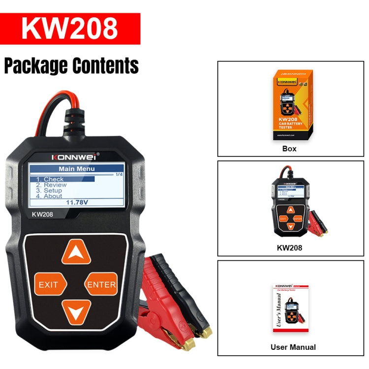 Car battery tester kit contents with KW208 unit, clamps, and user manual