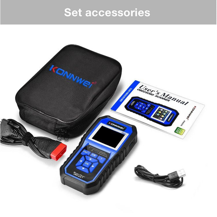 KONNWEI KW450 accessory kit with carrying case, user manual, cables, and tester