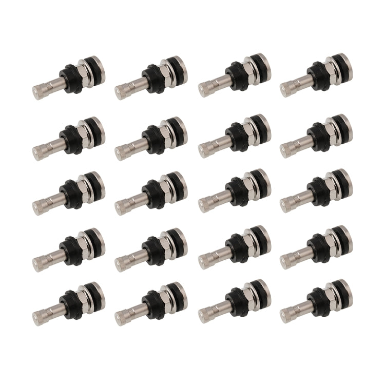 Motorcycle metal stem valve set, assorted views of silver stems with black rubber