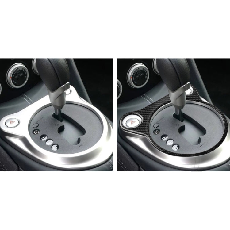 Before-and-after view of carbon fiber gear console trim sticker installed by shifter