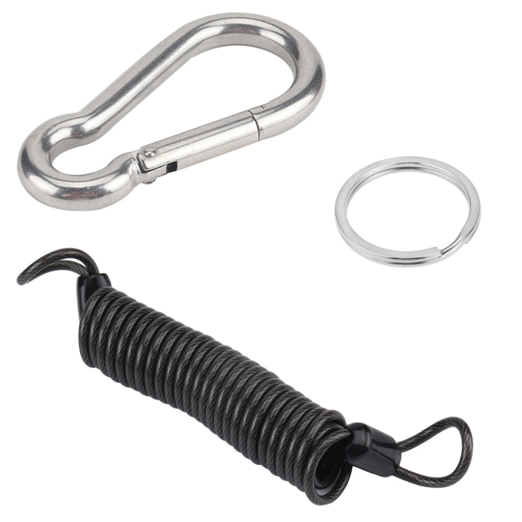 RV trailer breakaway cable with black coiled rope, silver snap hook, and safety ring