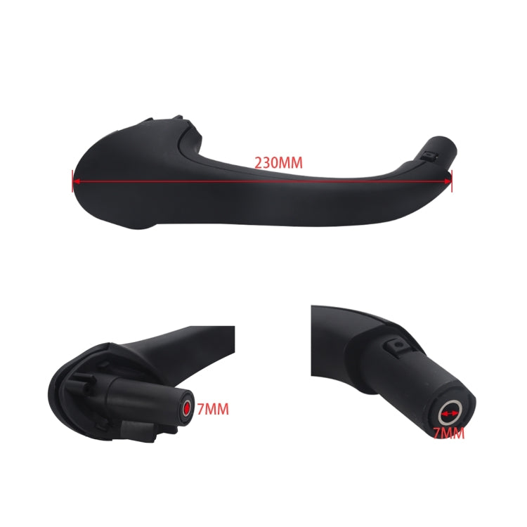 Black inside door handle with marked dimensions and mounting tab details