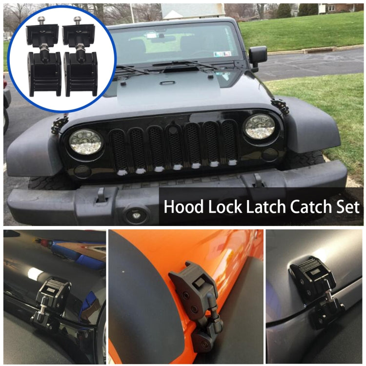Car hood lock latch installed on Jeep front hood, with inset showing lock pieces