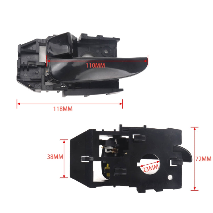 Left inside door handle assembly with size diagram: 118x110x72x38 mm