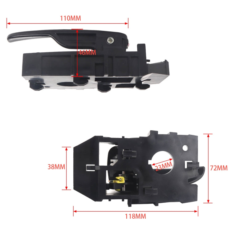 Interior door handle assembly dimensions: 110mm long, 46mm, 72mm, 118mm wide