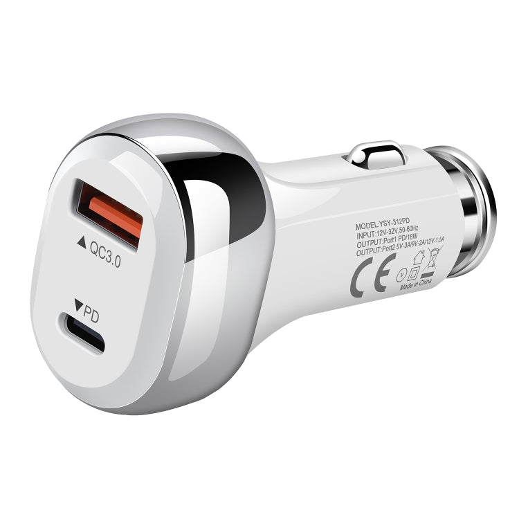 White car charger with QC3.0 USB-A and PD USB-C ports for dual fast charging.