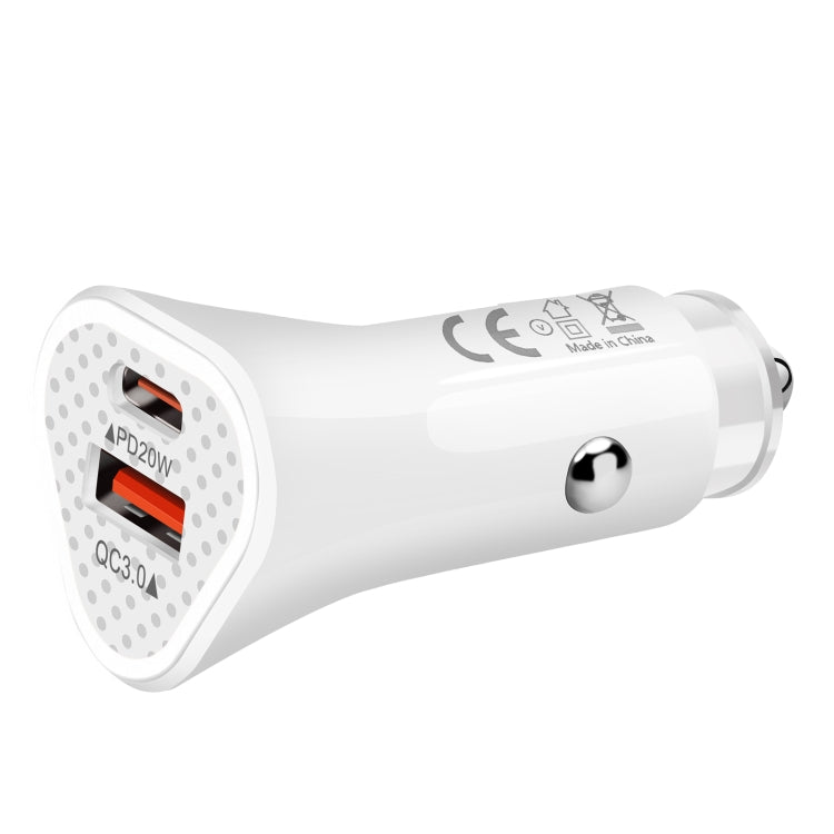White car USB-C fast charger with QC3.0 and PD20W ports, triangular dual interface