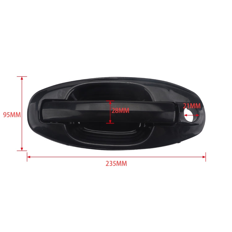Exterior door handle in dark black with red measurement labels (235mm, 95mm)