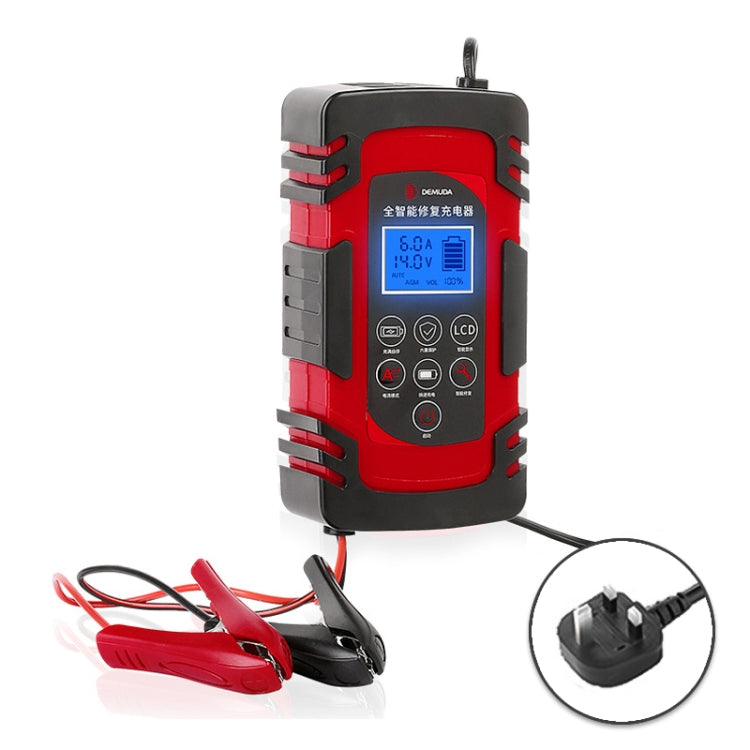 Red and black 12V/24V car battery charger with LCD display, clamps, and detachable plug