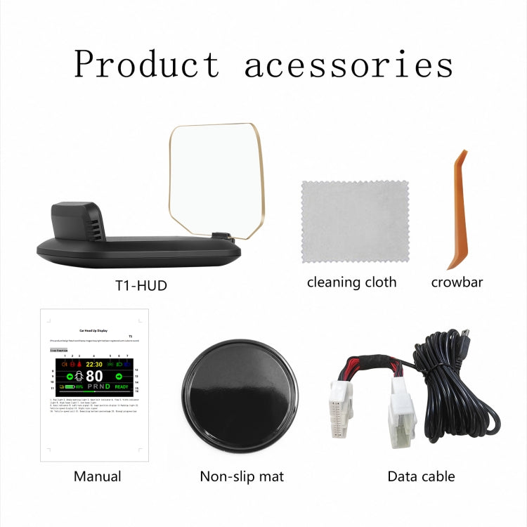 T1 HUD head-up display kit with accessories including cleaning cloth, non-slip mat, and cable